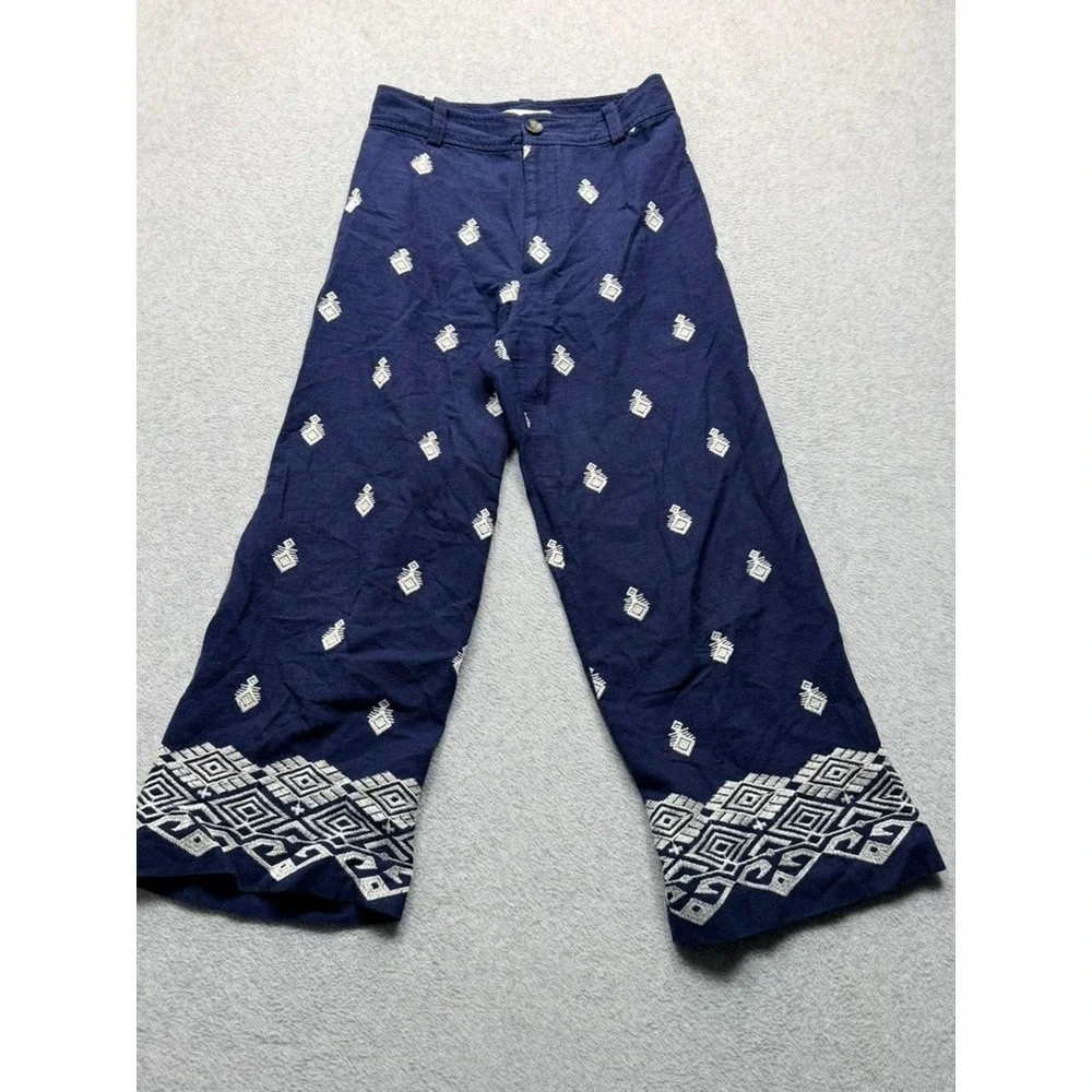 Zara Navy Blue Embroidered Linen Blend Wide Leg Pants Boho Geometric Womens S